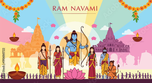 Festive illustration of a religious Hindu celebration with temples, people, and lotus flowers