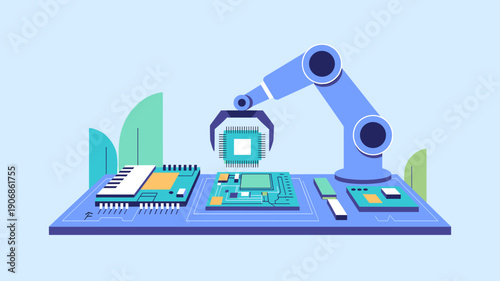 automated robotic arm assembling microchips on a circuit board industrial electronics manufacturing concept