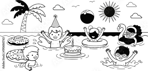 Children celebrating a birthday by swimming in the ocean near a palm tree