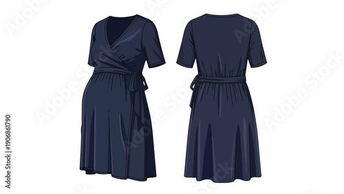 Elegant Navy Blue Maternity Wrap Dress Front and Back View Featuring Comfortable Short Sleeves and Adjustable Tie Waist
