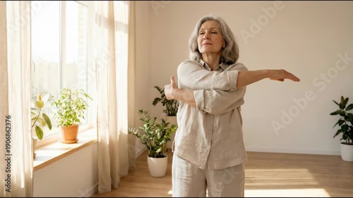 Elderly woman stretching arms sunlit living room with houseplants and peaceful morning relaxation, gray haired woman stretching wooden floor