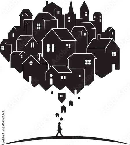 Man walking away from floating cityscape in the air