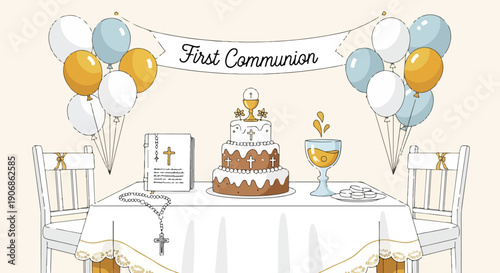 Festive illustration of a table with a cake, balloons, a chalice, and chairs