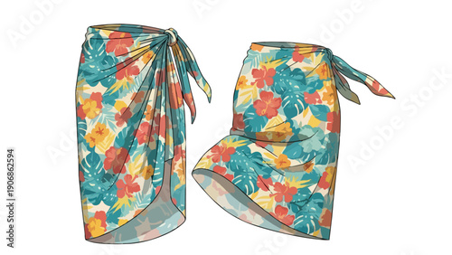 Vibrant tropical floral sarong wrap skirt illustrations showcasing versatile beach and resort wear designs with bright hibiscus and monstera leaf