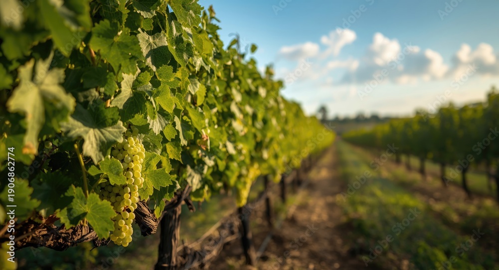 Fototapeta premium Bountiful vineyard filled with fresh green grape clusters