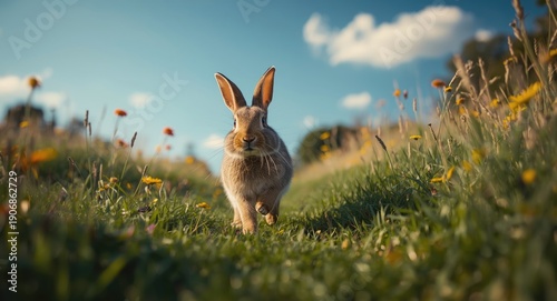 Joyful rabbit hops lively a...
