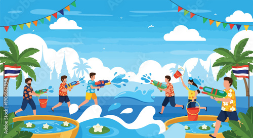 Festive illustration of people playing water games with flags and decorations
