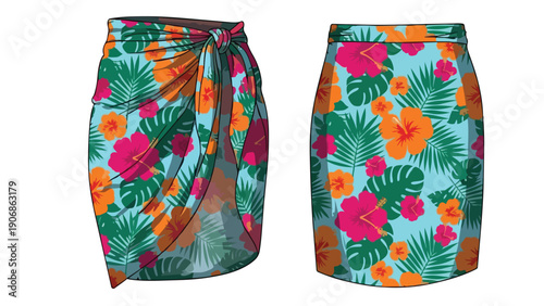 Vibrant tropical print skirts with hibiscus and palm leaves perfect for summer fashion and beachwear designs