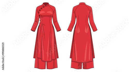 Elegant traditional red garment illustration featuring a graceful long tunic and matching trousers, showcasing cultural fashion with sophisticated