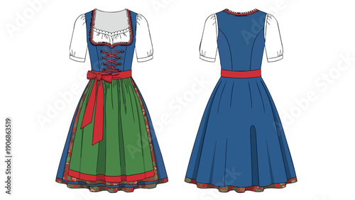 This detailed fashion flat presents front and back views of a charming, vibrantly colored traditional folk dress with an intricate design, perfect