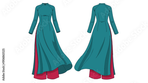 Elegant teal tunic with magenta trousers front and back design for traditional fashion, showcasing flowing lines and cultural attire.