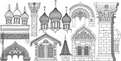 Detailed line drawings of ornate architectural elements, domes, arches, and columns