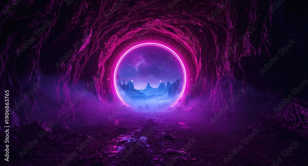 Fototapeta premium A vivid neon tunnel connecting to a mysterious alien planet atmosphere
