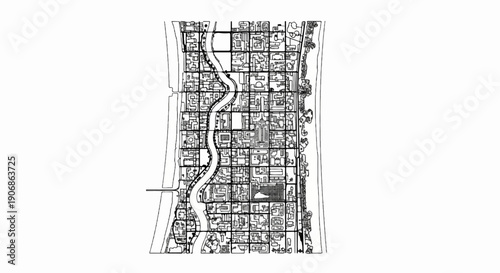 Detailed aerial view of a city grid with a meandering river running through it