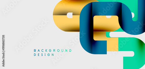 Abstract shapes overlap, creating vibrant color gradients. Modern design elements suggest dynamic movement, clean aesthetic.