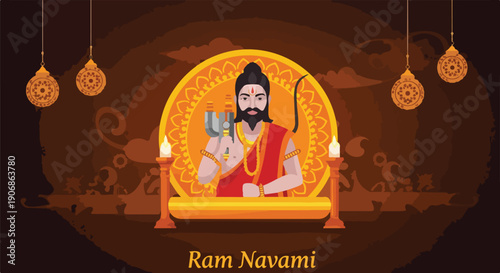 Festive illustration showing a deity with a beard, in a temple, with lights