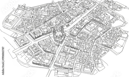 Detailed aerial line drawing of a historic European city center with a prominent dome