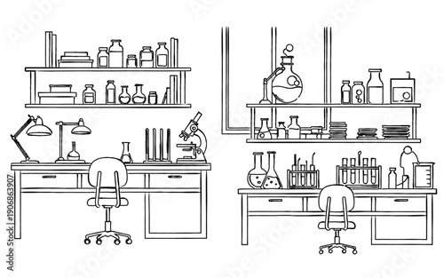 シンプルな研究室と理科実験室の室内風景線画｜科学, 実験, 顕微鏡, 試験管, フラスコ, ラボ, 教育, 医療