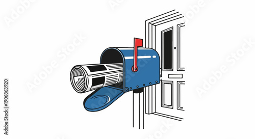 Blue mailbox with newspaper delivery next to a door