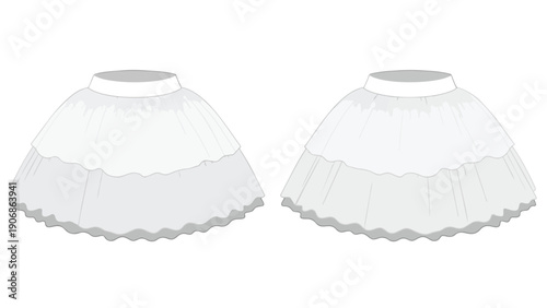 Two digitally rendered white multi-layered skirts or petticoats, featuring delicate ruffles and wavy hems, showcasing intricate garment design