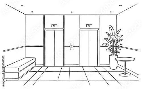 シンプルで清潔感のあるエレベーターホールの室内風景線画｜エレベーター, ロビー, インテリア, 観葉植物, 椅子, 建物内