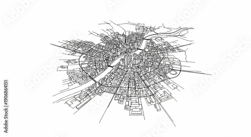 Detailed outline drawing of a city viewed from above, with a river