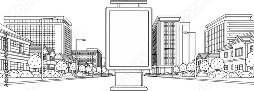 Blank billboard stands on a street lined with buildings and trees