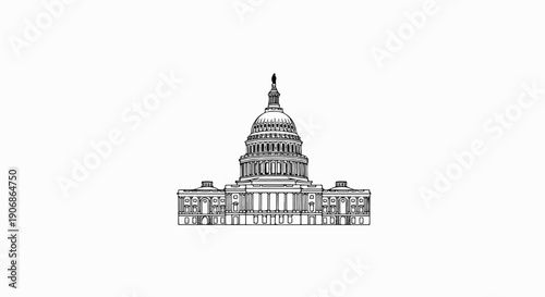 Detailed outline drawing of a neoclassical government building with a prominent dome