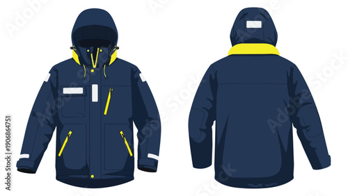 Robust hooded outdoor jacket design in navy blue with striking yellow details for extreme weather