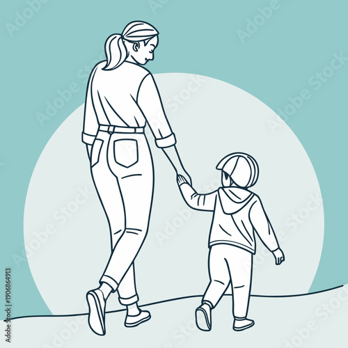 Tender moment of a mother and child holding hands, conveying deep love and connection. This emotional, heartwarming illustration is perfect for family, parenting, and care themes. Minimalist vector ar