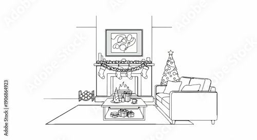 Cozy living room scene with fireplace, Christmas tree, and gifts