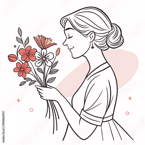 Sophisticated vector illustration of an elegant mother's portrait framed by soft, blooming flowers. A clean, artistic representation ideal for Mother's Day greetings or themes of beauty and nature.