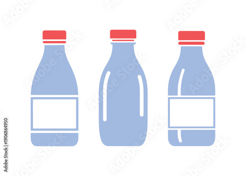Set of milk bottle icons designed in a flat style. Illustration of dairy products on an isolated backdrop.
Concept for business with a milky liquid symbol.