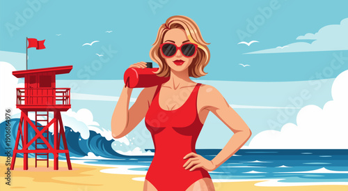 Vector illustration of a female lifeguard in a red swimsuit on a sunny beach with a lifeguard tower and waves