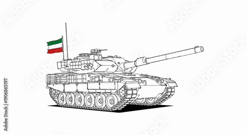 Detailed outline drawing of a military tank with a flag on top