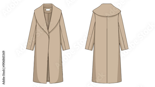 Front and back technical flat drawing of a sophisticated beige midi-length fashion coat design