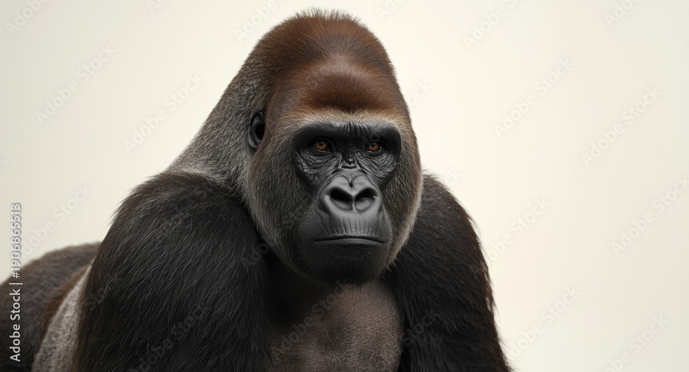 Obraz premium Close-up of a striking silverback gorilla on a smooth white background