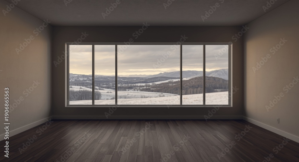 Obraz premium Empty room with large window exposing tranquil snow covered landscape