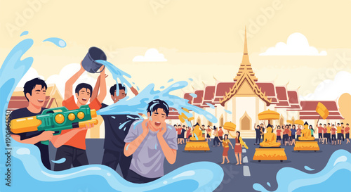 Festive illustration showing water fun and celebrations with architecture background