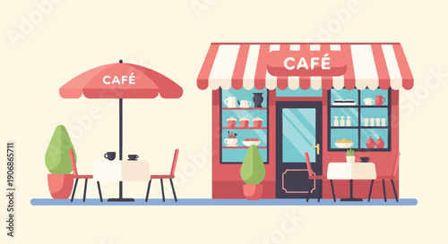 Cozy cafe with outdoor seating, display of pastries, and coffee service