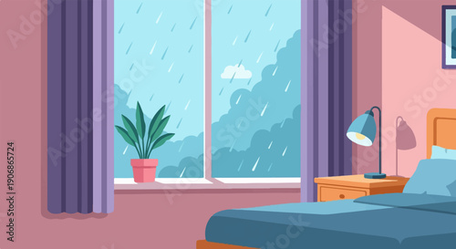Cozy bedroom scene with rain visible through the window