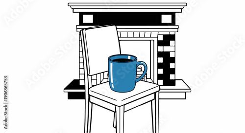 Cozy chair with a mug of coffee in front of a fireplace
