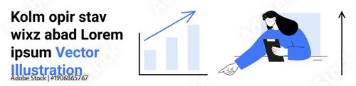 Business planning, data analysis, teamwork, financial growth, market trends, strategy. A woman analyzing a bar graph with upward arrow. Business planning and data analysis concept