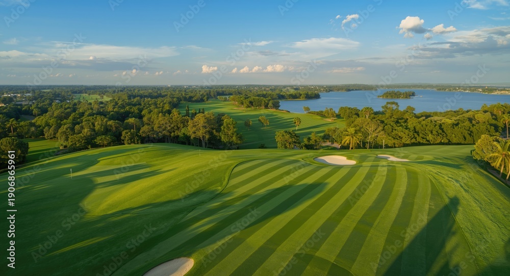 Fototapeta premium Aerial perspective of a vast golf course with vibrant green fairways and ample copy space for marketing