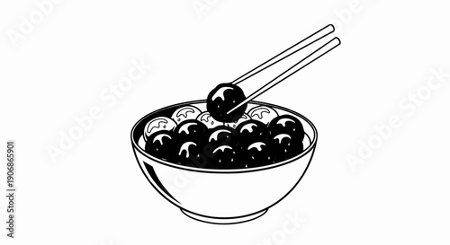 Chopsticks lifting a black spherical food item from a bowl of similar items