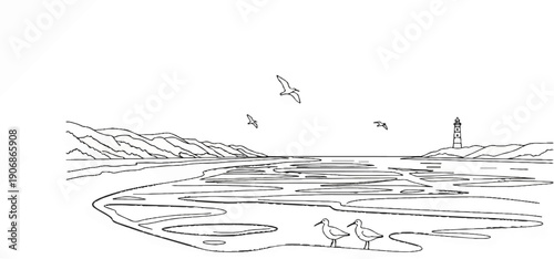 Coastal scene with birds, tidal pools, and a lighthouse under a vast sky