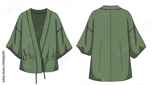 Technical fashion flat sketch showcasing a versatile green kimono-style top with adjustable drawstring waist design