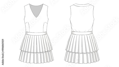 Professional fashion technical drawing of a modern sleeveless V-neck dress, exquisitely detailed with a charming tiered pleated skirt, displaying