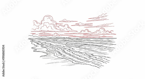 Coastal scene with foamy waves rolling onto a sandy shore under a cloudy sky