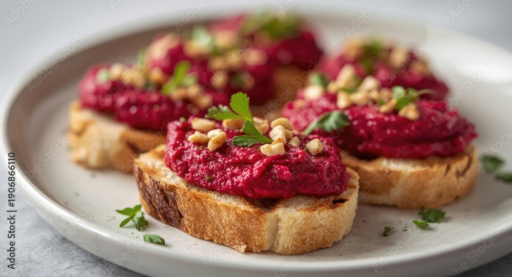 custom made wallpaper toronto digitalColorful beetroot hummus on grilled bruschetta garnished with nuts and tiny leafy greens